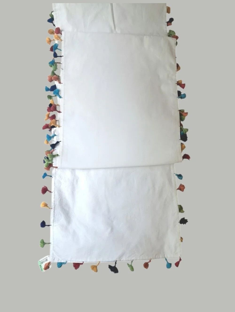 Pottery Barn NWT Table Runner White Cotton With Rainbow Tassles Approx 104x16